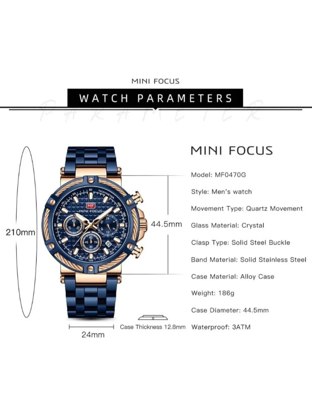 Men's Blue Golden Chronograph Big Face Stainless Steel Band Luminous Watch